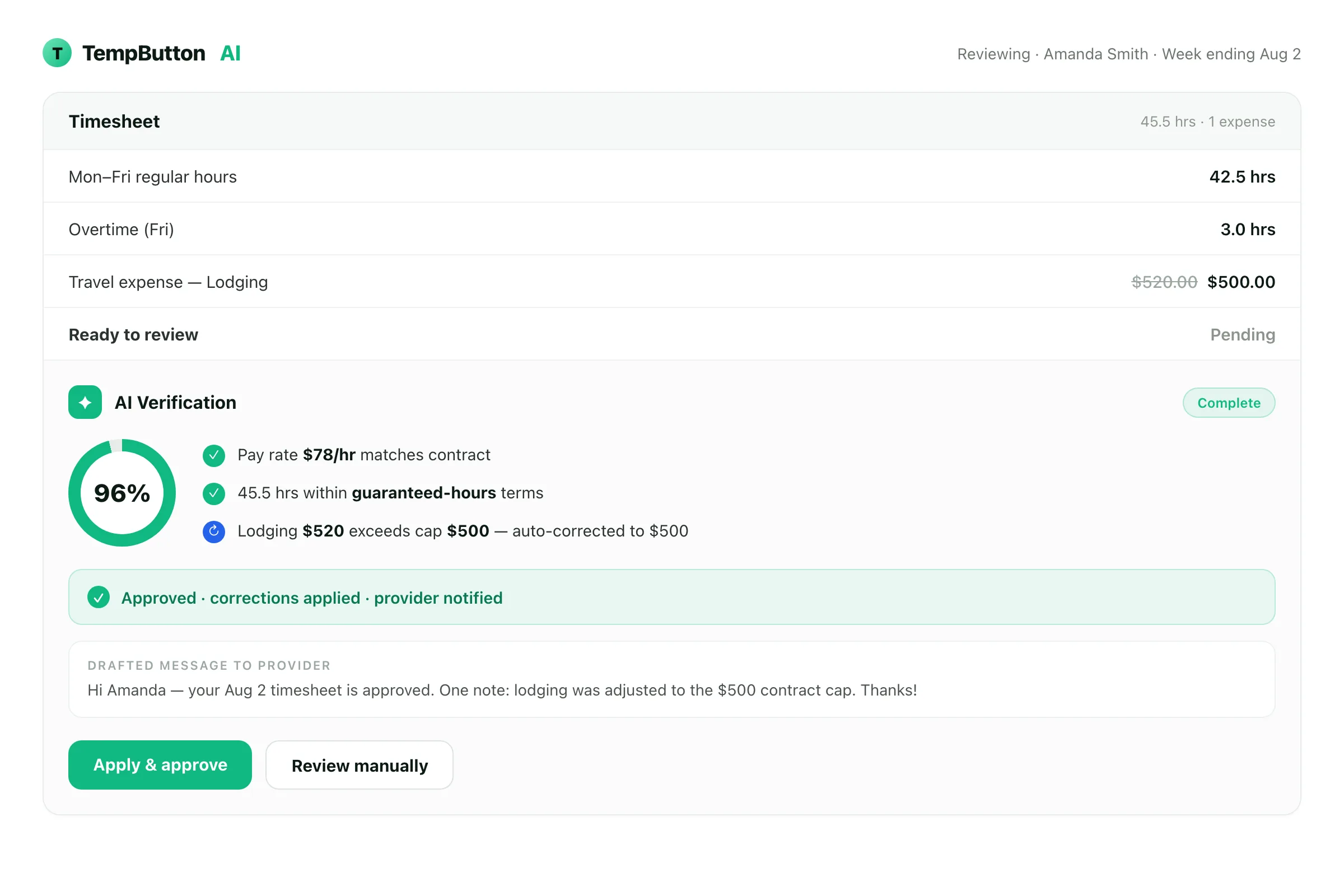 A TempButton AI-approved timesheet ready to invoice