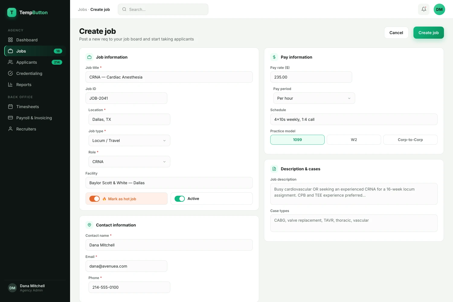 Create job form with role, pay and practice model