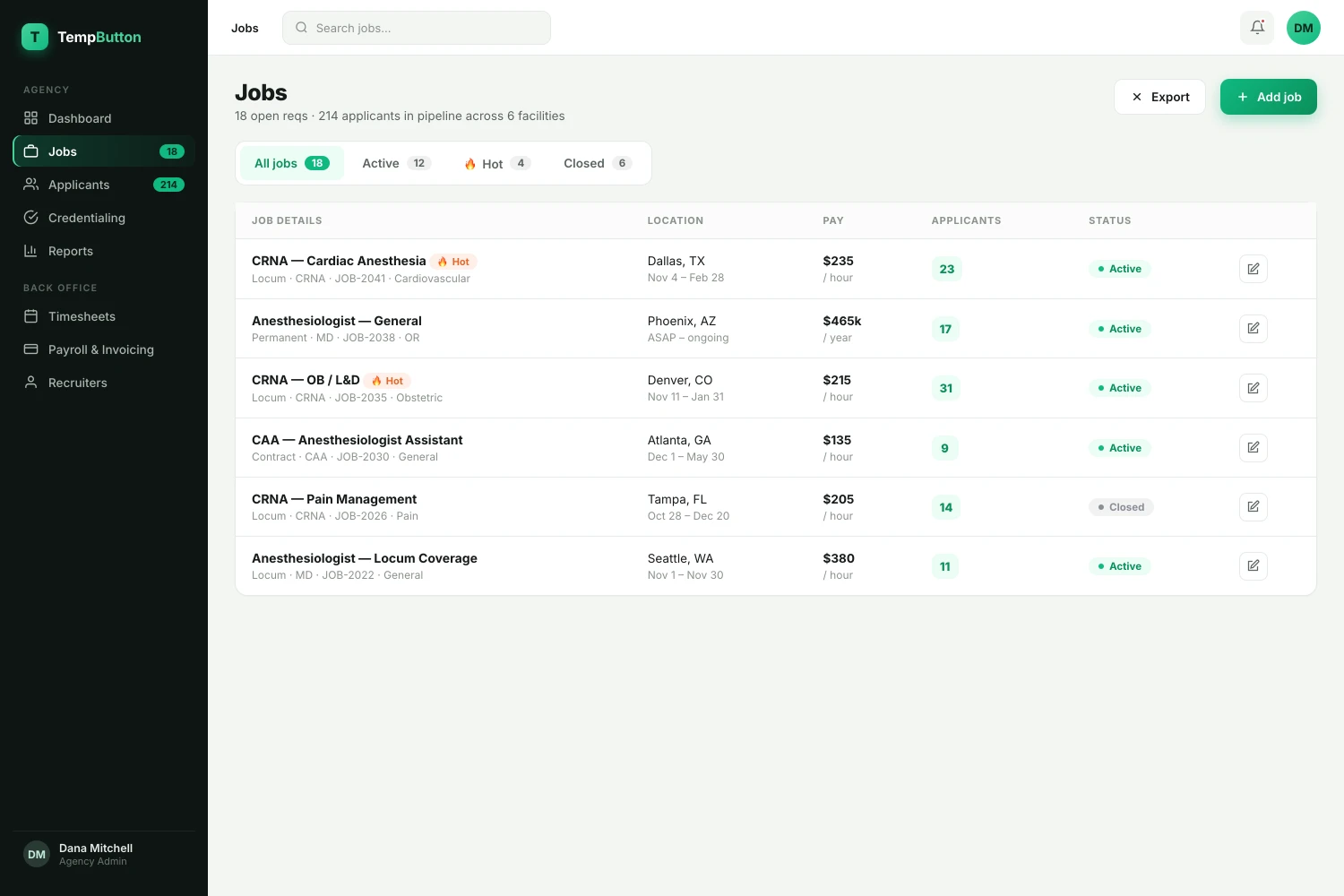 TempButton ATS job board with active and hot reqs