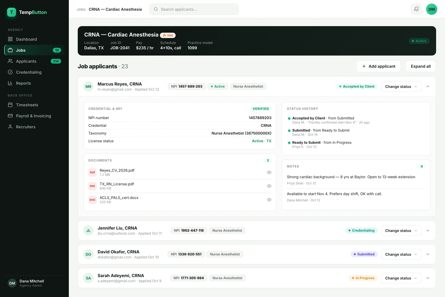 Per-job applicant pipeline with NPI, documents, status history and notes