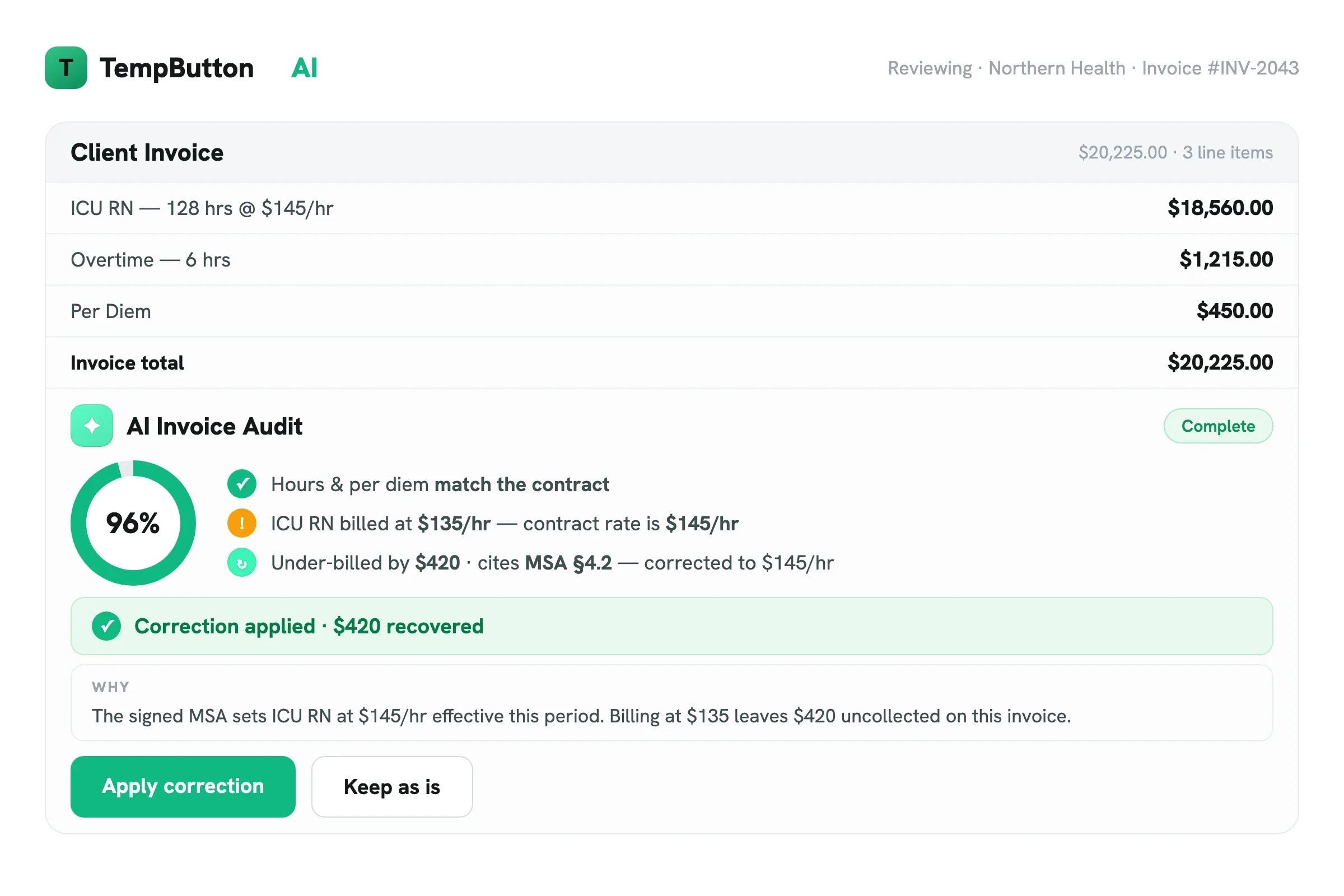 TempButton AI auditing a client invoice and recovering $420 of under-billed hours