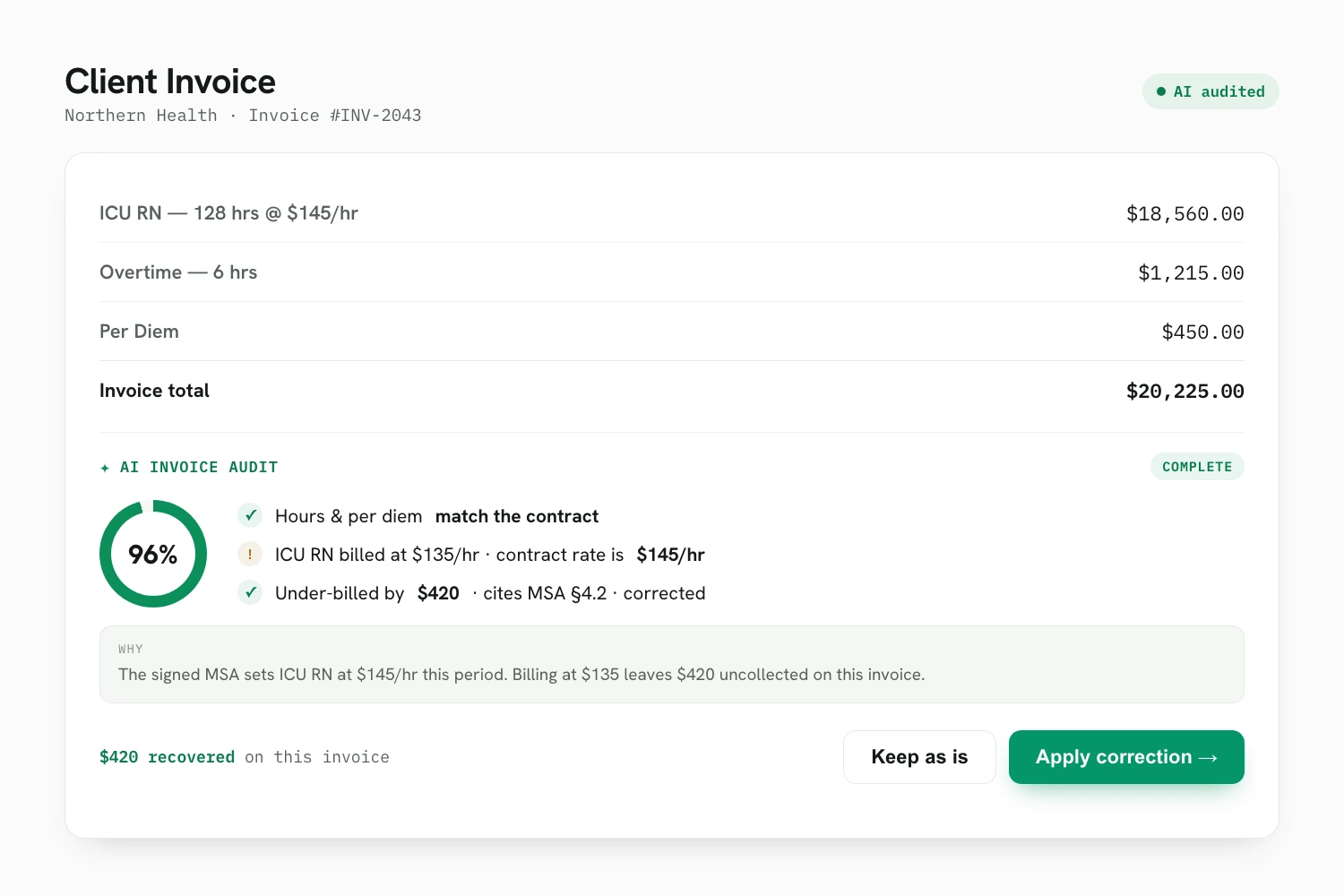 AI auditing a client invoice and recovering under-billed hours