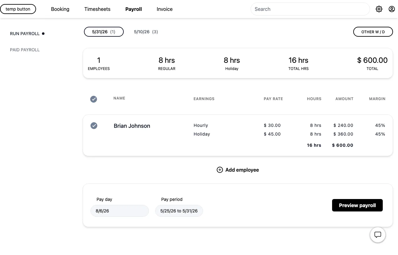 Run payroll screen with employee hours and totals