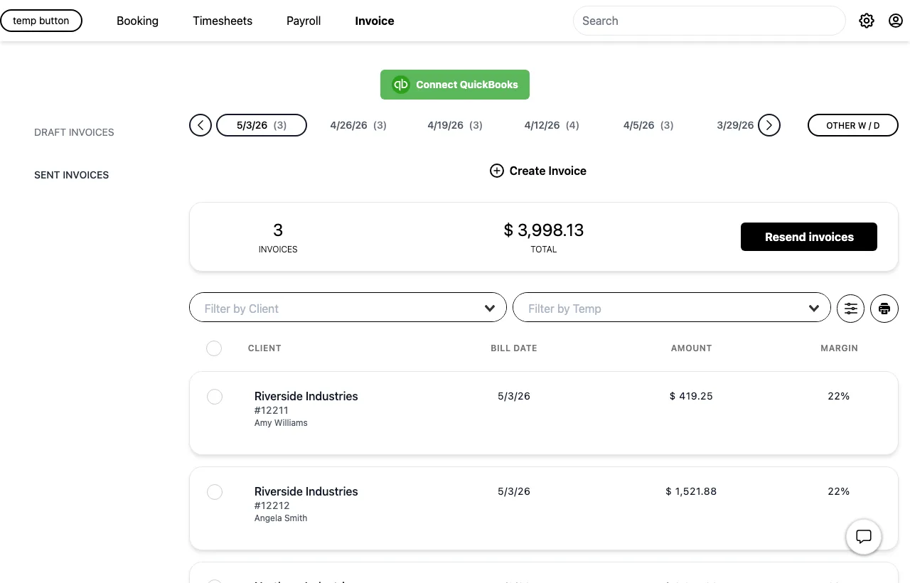 Sent invoices list with clients, amounts, and totals