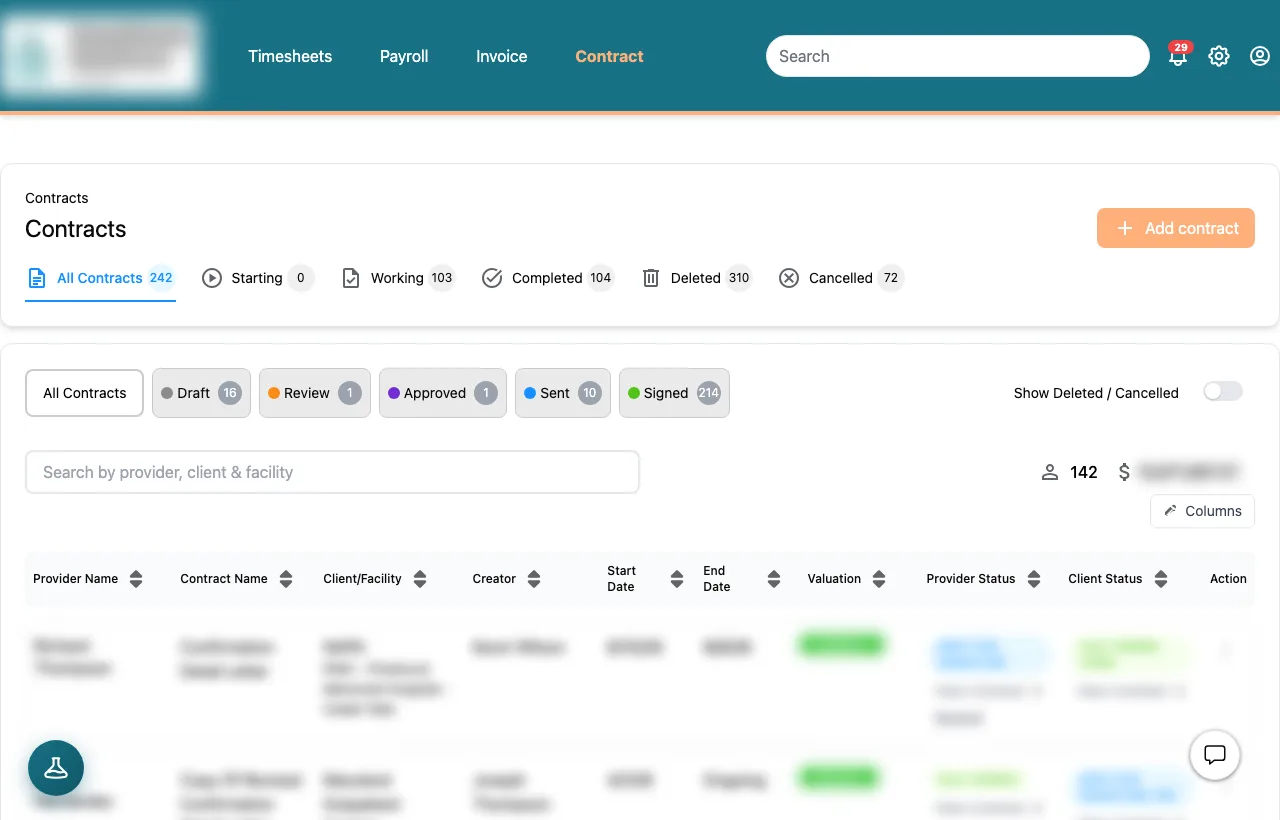 Contracts pipeline with statuses and valuations (sample data)