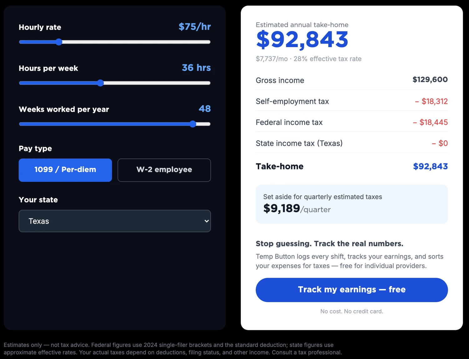 Take-home pay and quarterly estimated tax set-aside in TempButton AI