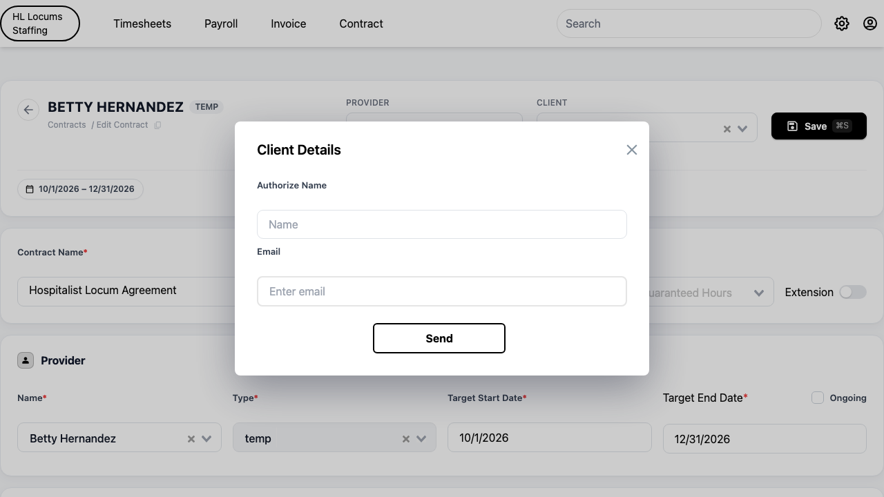 Screenshot: the client approval details dialog with the "Authorize Name" and "Email" fields highlighted.
