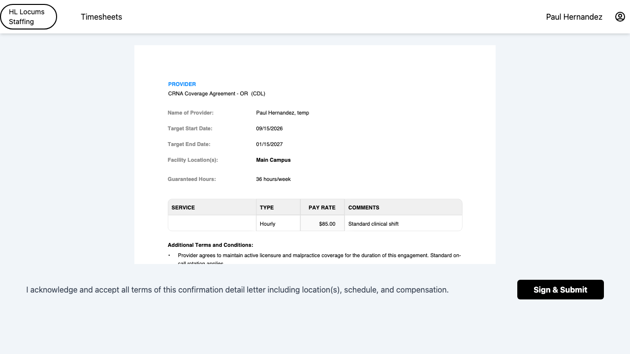 Screenshot: the client-facing contract viewer with the full document shown and the Approve / Sign button below it.