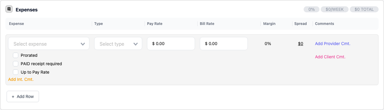 Screenshot: the Expenses table with a row selected, showing the Prorated and receipt-required checkboxes and the "+ Add Row" button.