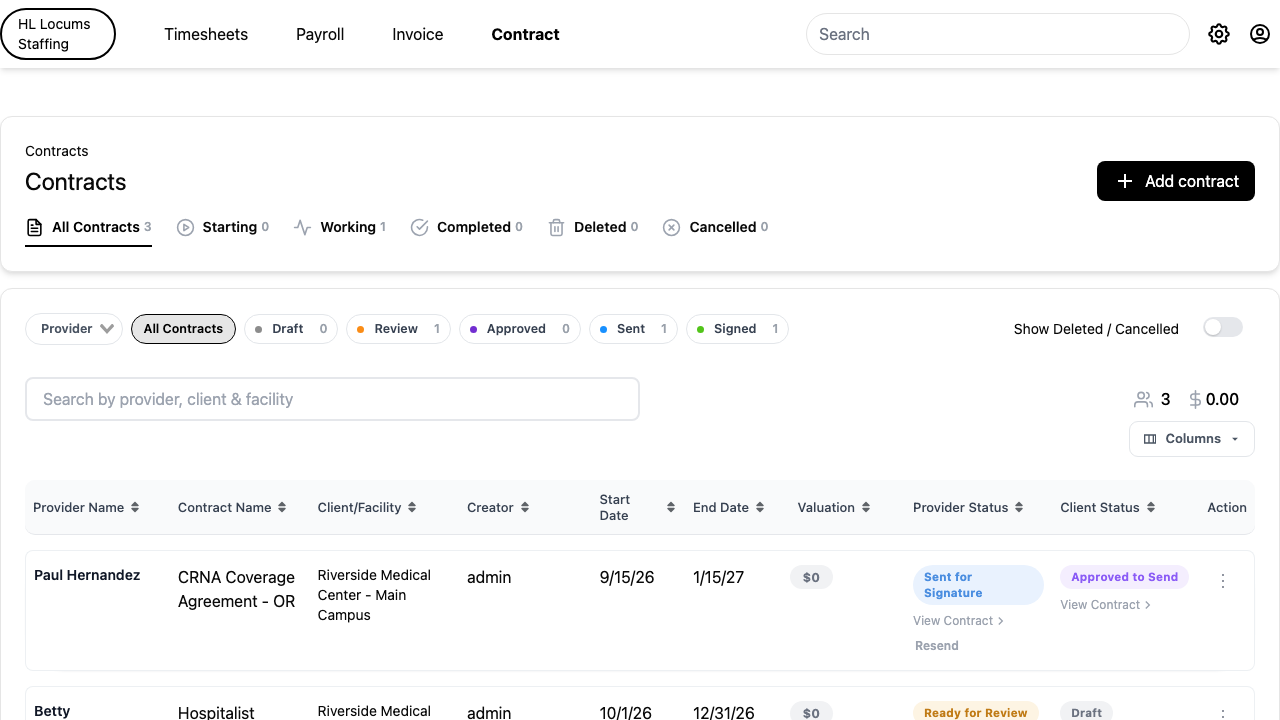Screenshot: the "My Contracts" list showing a contract row with the View and Sign buttons.
