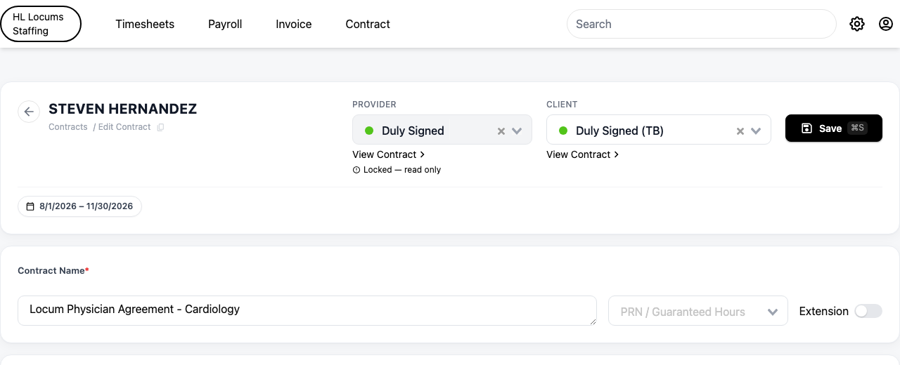 Screenshot: the Provider and Client status dropdowns at the top of the contract, with the status options list open.