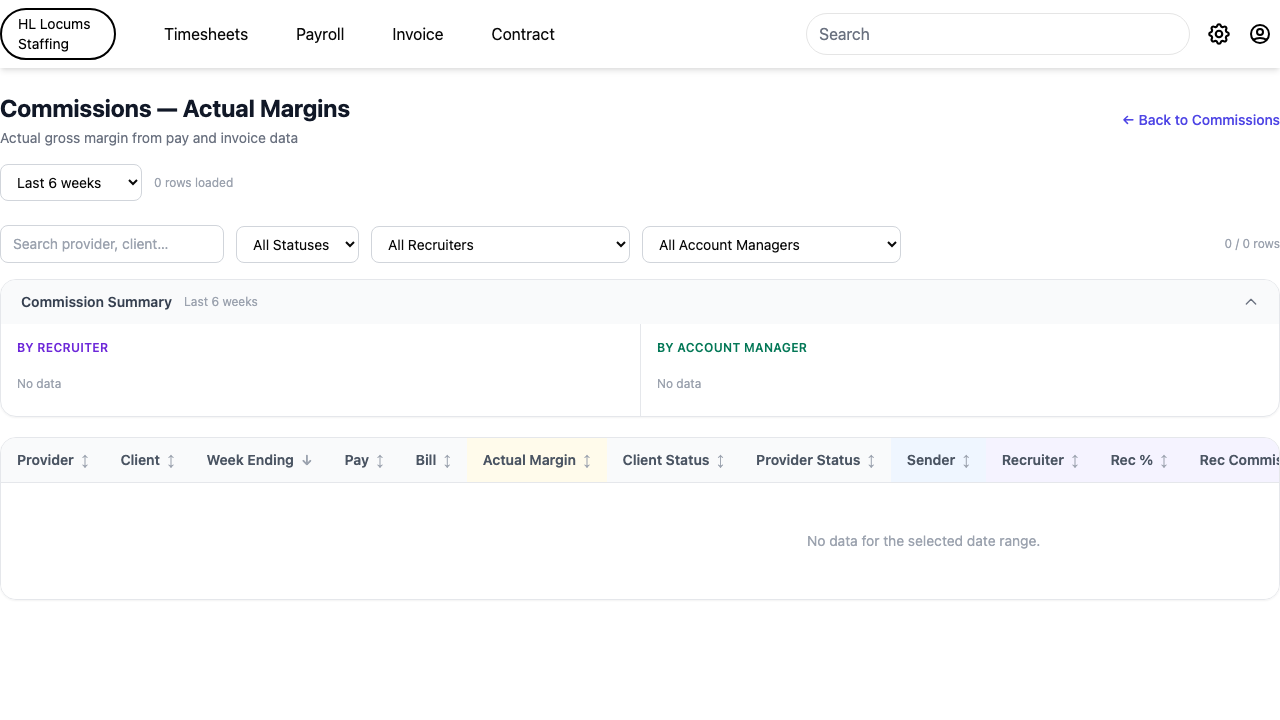 Screenshot: the Actual Margins period preset dropdown open, with This quarter highlighted.