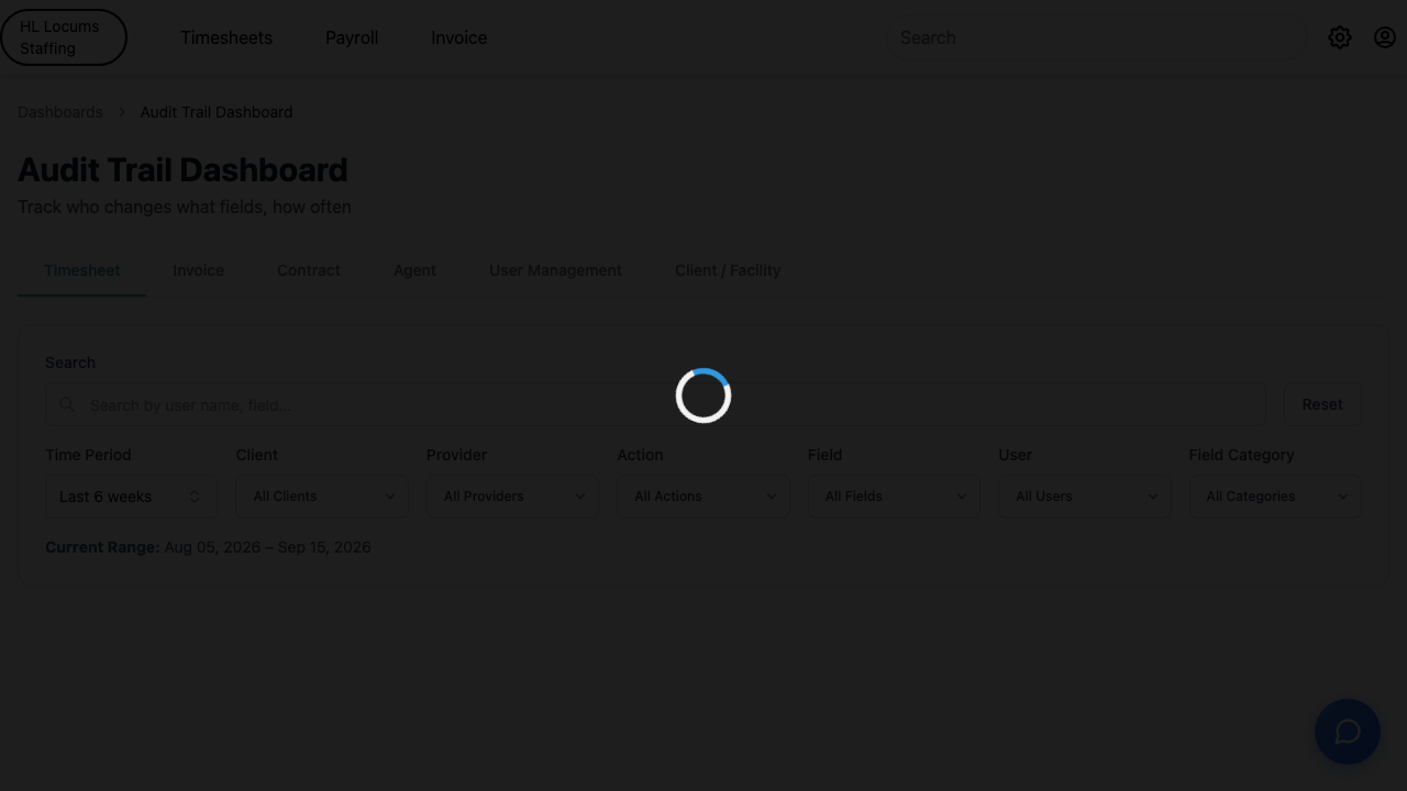 Screenshot: the Audit Trail Dashboard tab bar with the Timesheets tab highlighted.