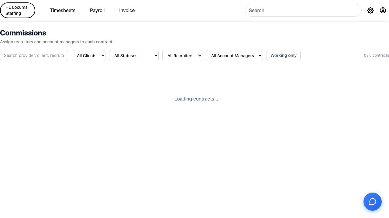 Screenshot: the Commissions table with a contract row's recruiter / account manager assignment and percentage field highlighted.