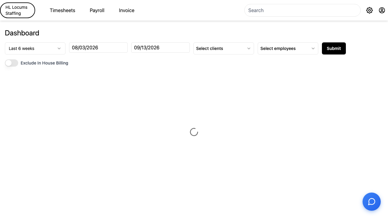 Screenshot: the Company Dashboard filter bar with the date range and Client / Employee pickers, and the Submit button highlighted.
