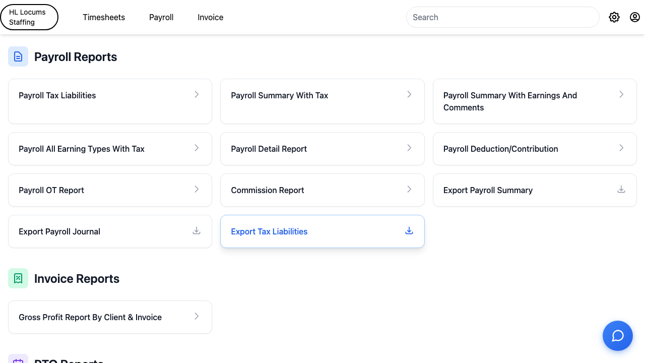 Screenshot: the Reports library showing the grouped report cards, with one section header (e.g. Payroll Reports) highlighted.