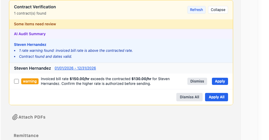 Screenshot: the Contract Verification card on the invoice edit screen, showing per-provider findings with their Apply and Dismiss buttons.