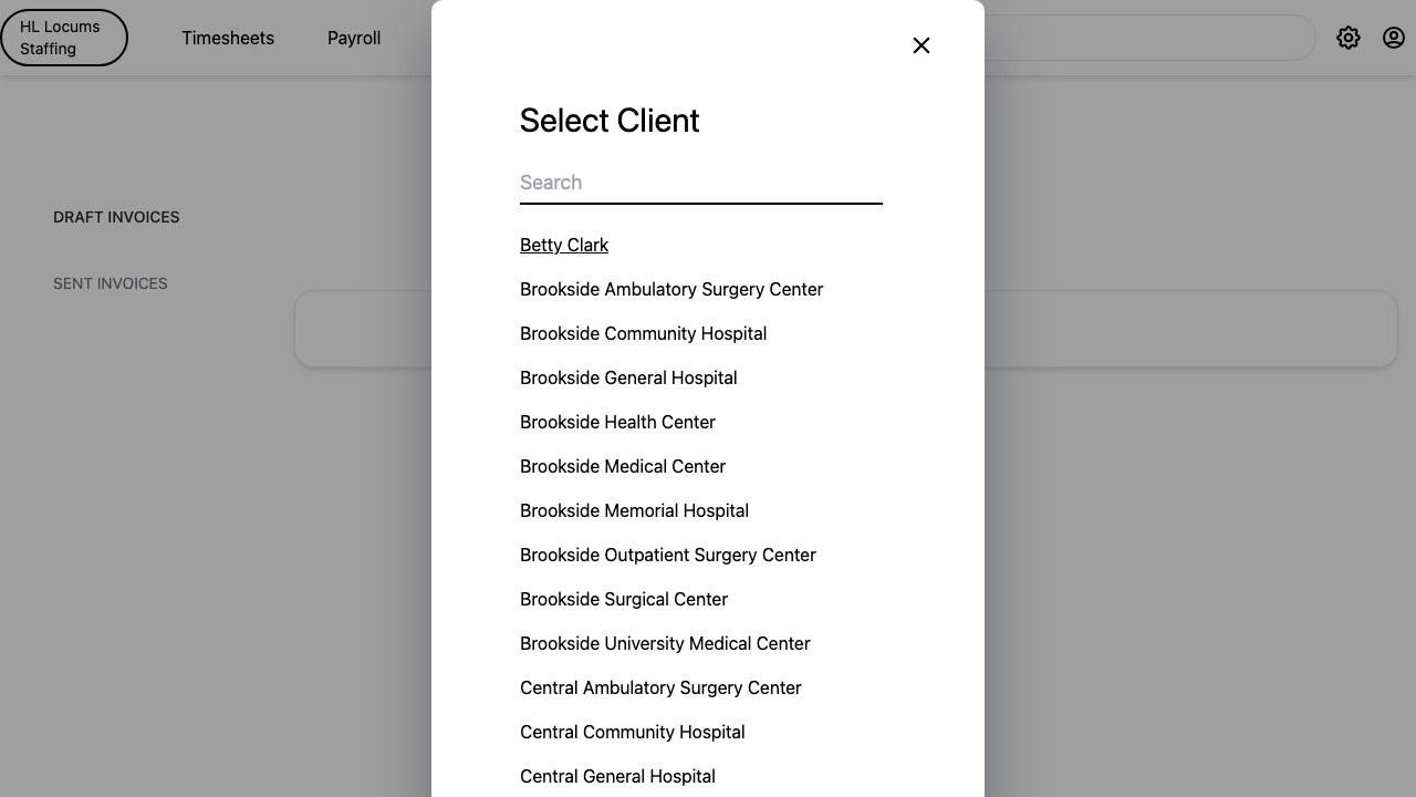 Screenshot: the "+ Create Invoice" control and the Select Client picker with the search box.