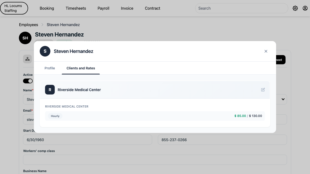 Screenshot: the rate editor grouped by client, showing the Pay Rate and Bill Rate fields on an earning line and the "+ Add Effective Date Rates" link on the client row.