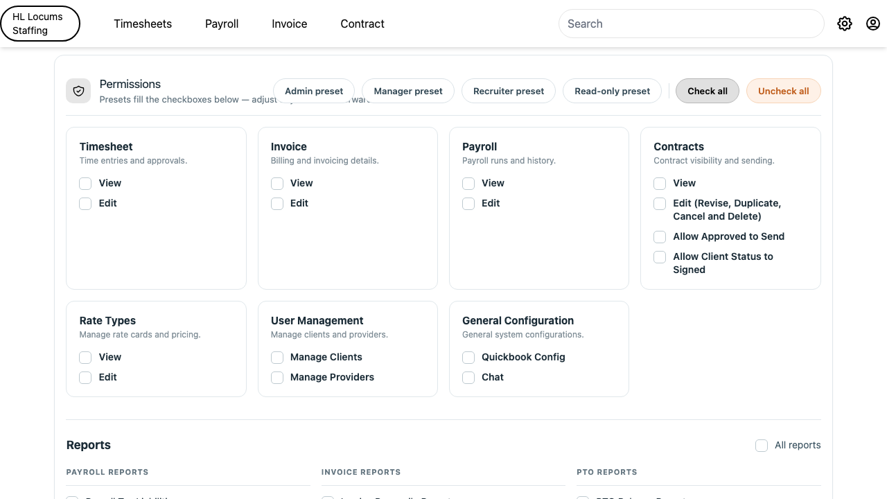 Screenshot: the Permissions card with the four preset buttons and the module/report/dashboard checkboxes highlighted.