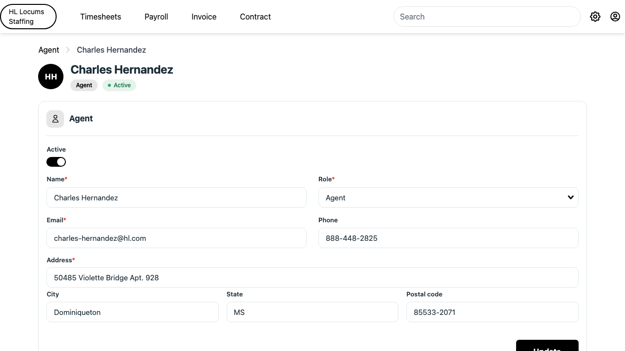 Screenshot: an agent&rsquo;s edit page with the Active toggle and the Role dropdown highlighted.