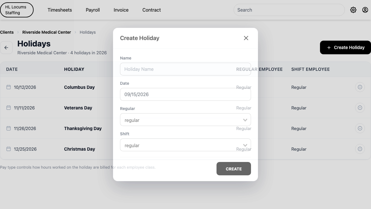 Screenshot: the Create Holiday window with the Name, Date, and the Regular / Shift pay-type dropdowns highlighted.