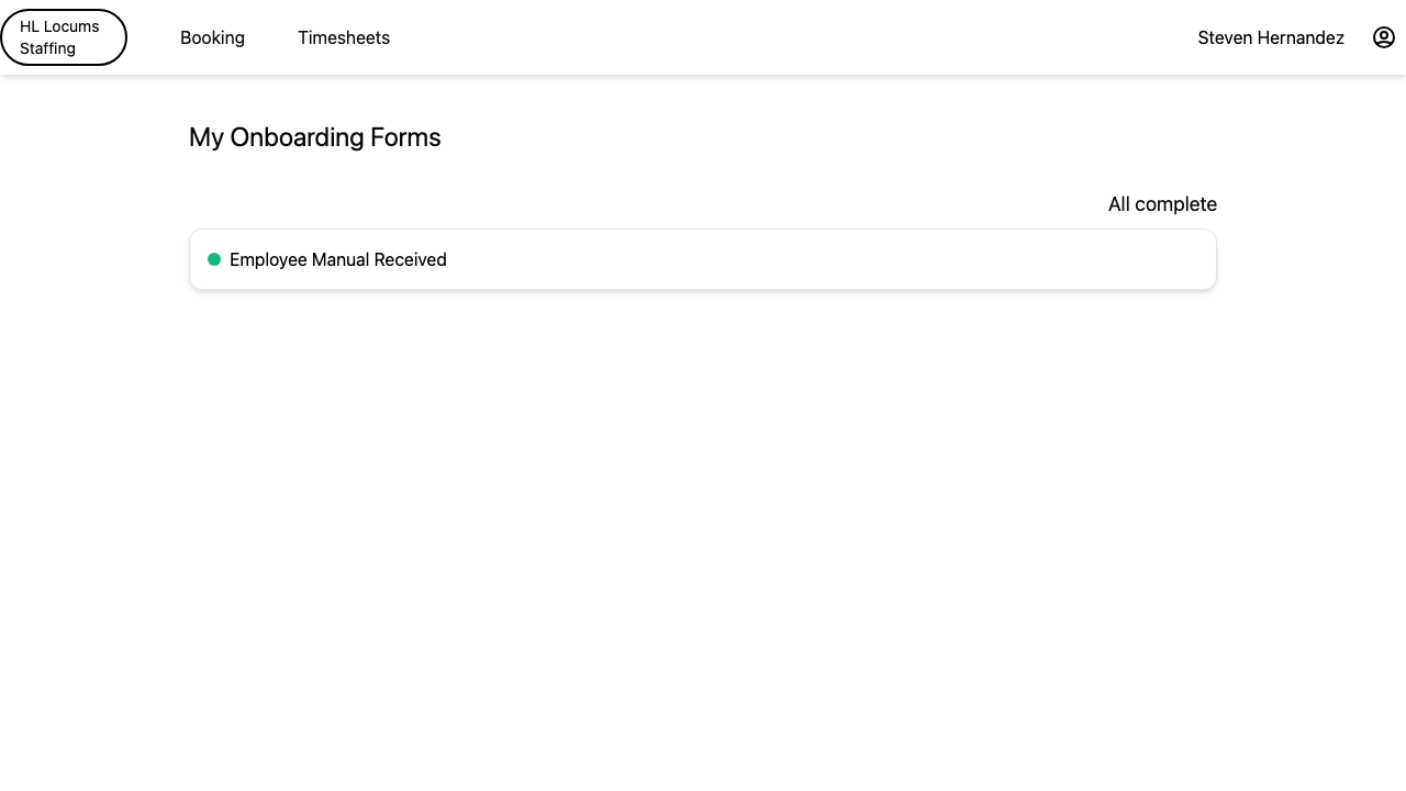 Screenshot: a provider&rsquo;s Onboarding Forms page with the per-form status dots and the &ldquo;All complete&rdquo; / pending summary highlighted.