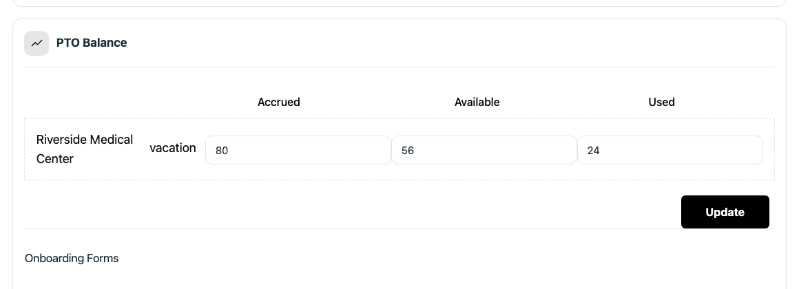 Screenshot: the PTO Balance card with the Accrued, Available, and Used columns highlighted for one client.