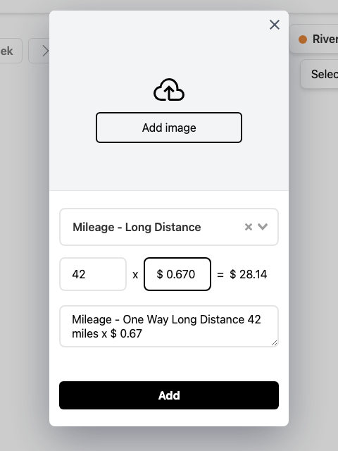 Screenshot: the expense window in mileage mode showing the Miles field, the rate field, and the auto-calculated total.