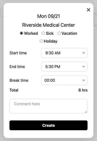 Screenshot: the day entry window with the entry-type buttons (Worked / Sick / PTO / Vacation / Holiday) highlighted.