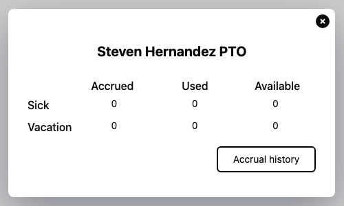 Screenshot: the leave-balance popup with the "Accrual history" button highlighted.