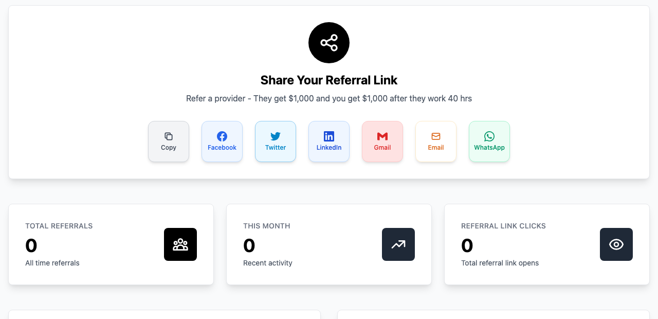 Screenshot: the Share Your Referral Link section with the Copy button and the social share buttons highlighted.