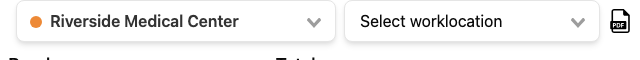 Screenshot: the weekly timesheet header with the Timesheet PDF and provider-bill/invoice PDF icons highlighted.