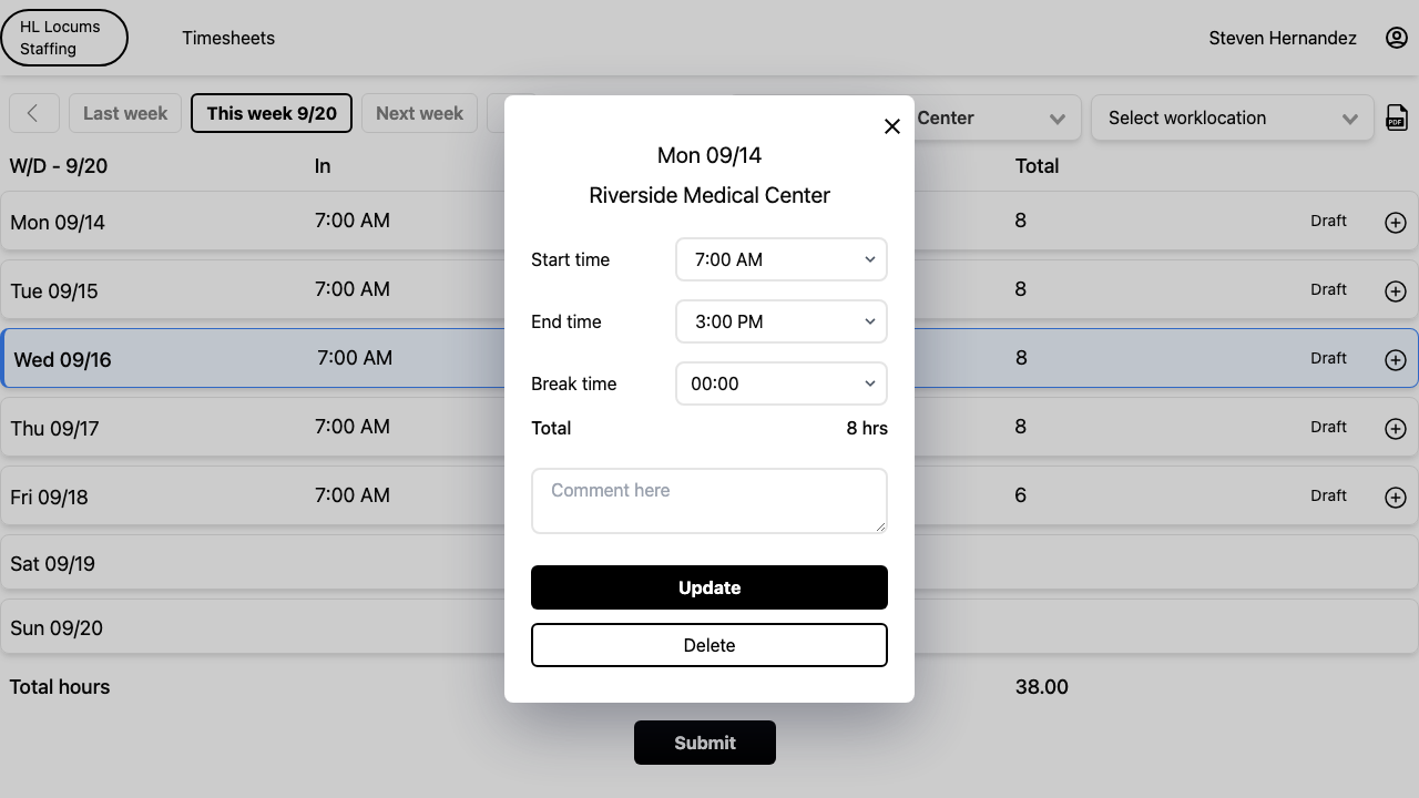 Screenshot: an opened day entry showing the editable time fields and the delete/remove control.