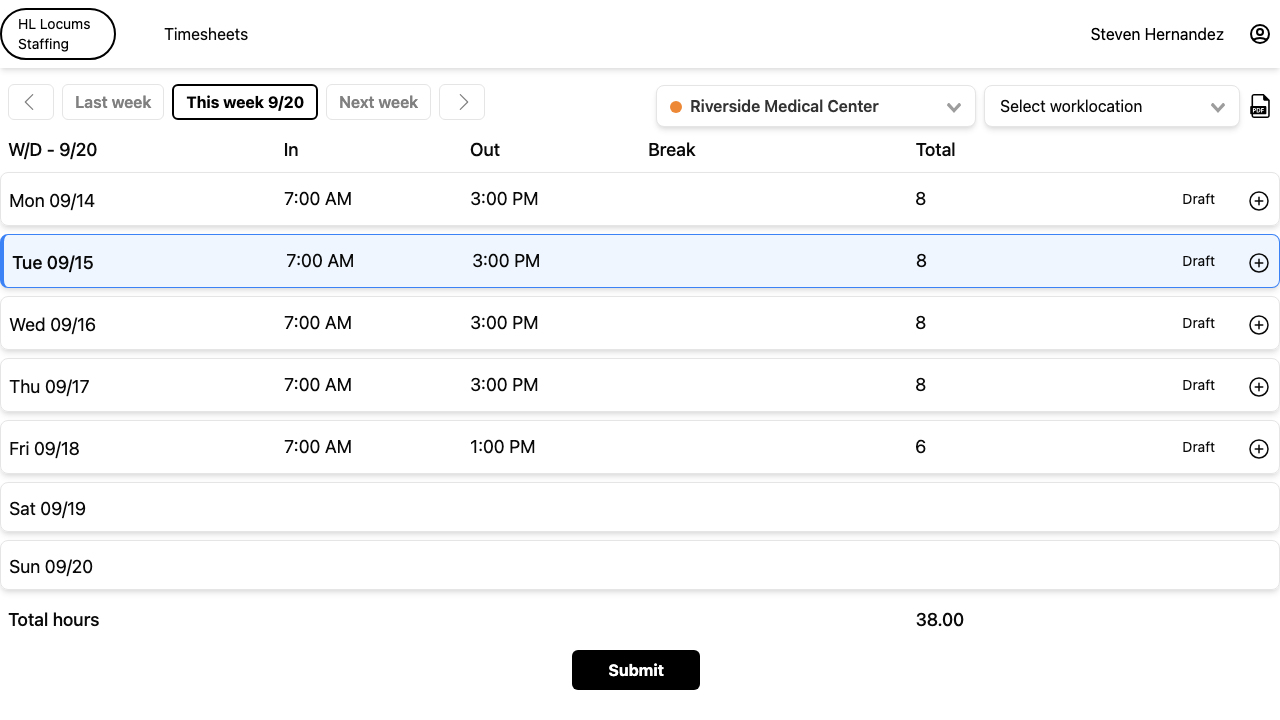 Screenshot: the day entry window with the in-time, out-time and break fields highlighted, and the running total hours shown below.