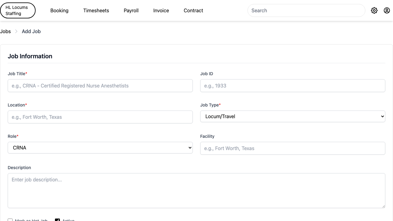 Screenshot: the Add Job form showing the &ldquo;Job Information&rdquo; section with Job Title, Location, Job Type and Role fields, and the &ldquo;Create Job&rdquo; button highlighted.