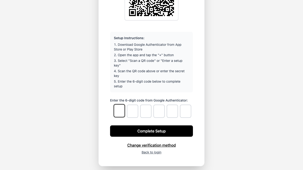 Screenshot: the Two-Factor Authentication section showing the QR code and the field to enter the 6-digit code from the authenticator app.
