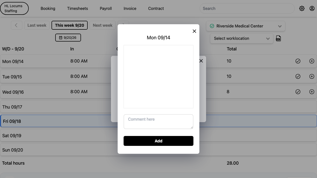 Screenshot: the day dialog with the Add comment button and the comment field highlighted.