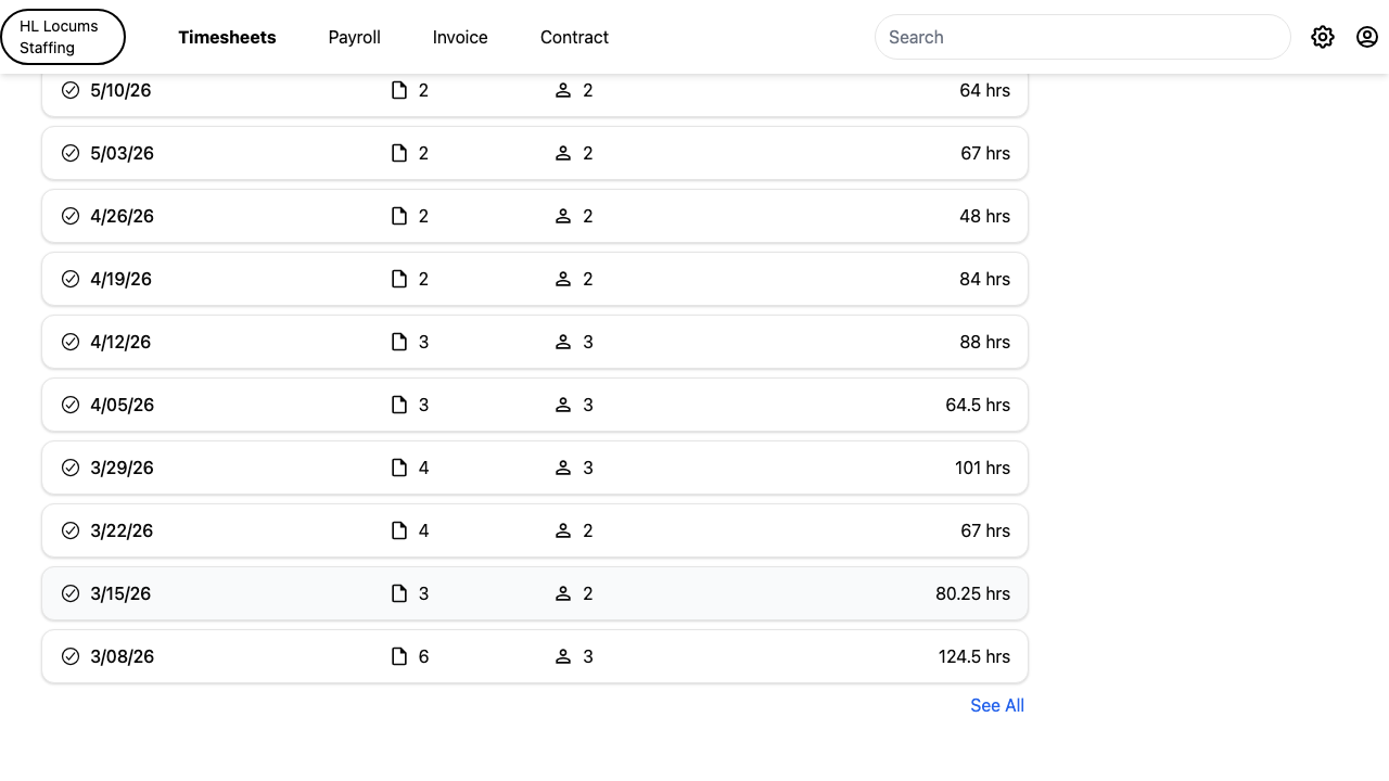 Screenshot: the Approved Timesheets list with the Search box and the sort dropdown highlighted.
