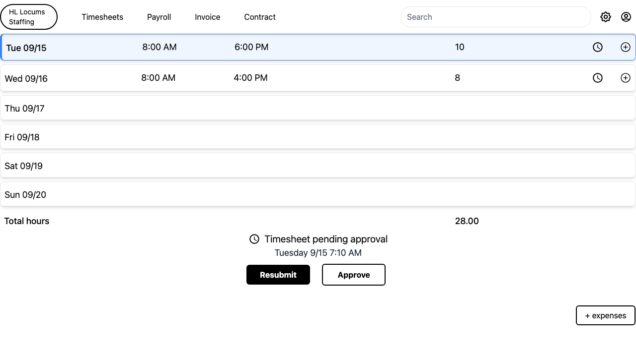 Screenshot: an open weekly timesheet with the day rows and the Approve button highlighted at the bottom.